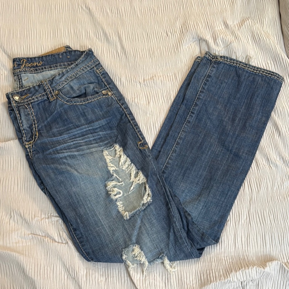 Medium Wash Blue Straight Leg Jeans with Distressing - Picture 7 of 7